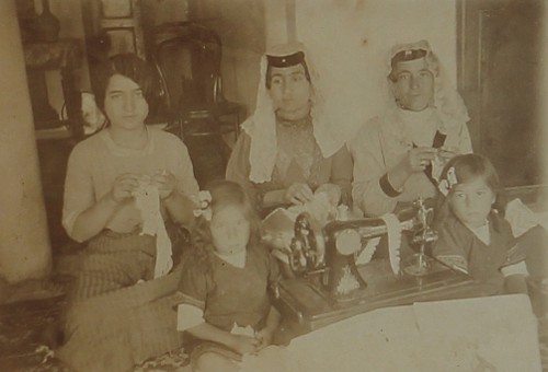 Armenian women sewing diadems