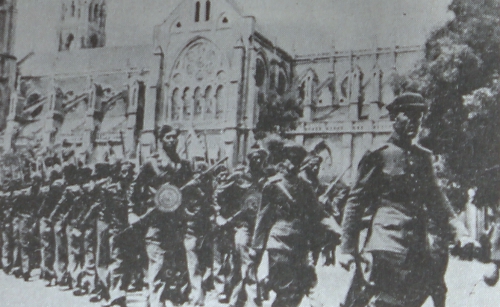 Francs-tireurs et partisans military parade with Ashod Ghartashian, Nîmes – May 1945