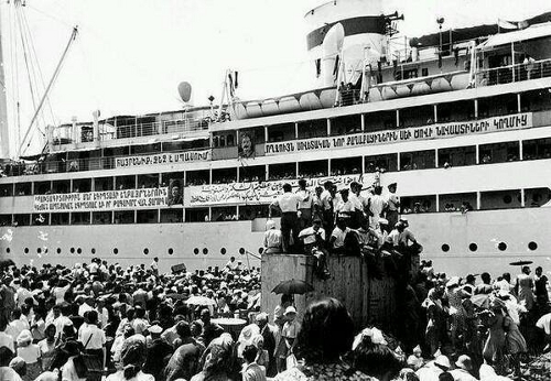 POBEDA Ship 1947 Armenian immigrants to Armenia. “The Fatherland is waiting for you. Greetings to the new citizens of Soviet Armenia”